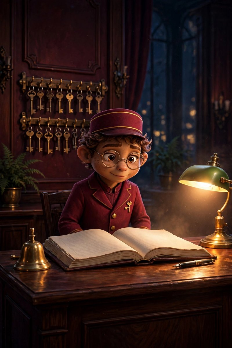 The Night Clerk — a lone clerk on night watch in a burgundy vintage hotel